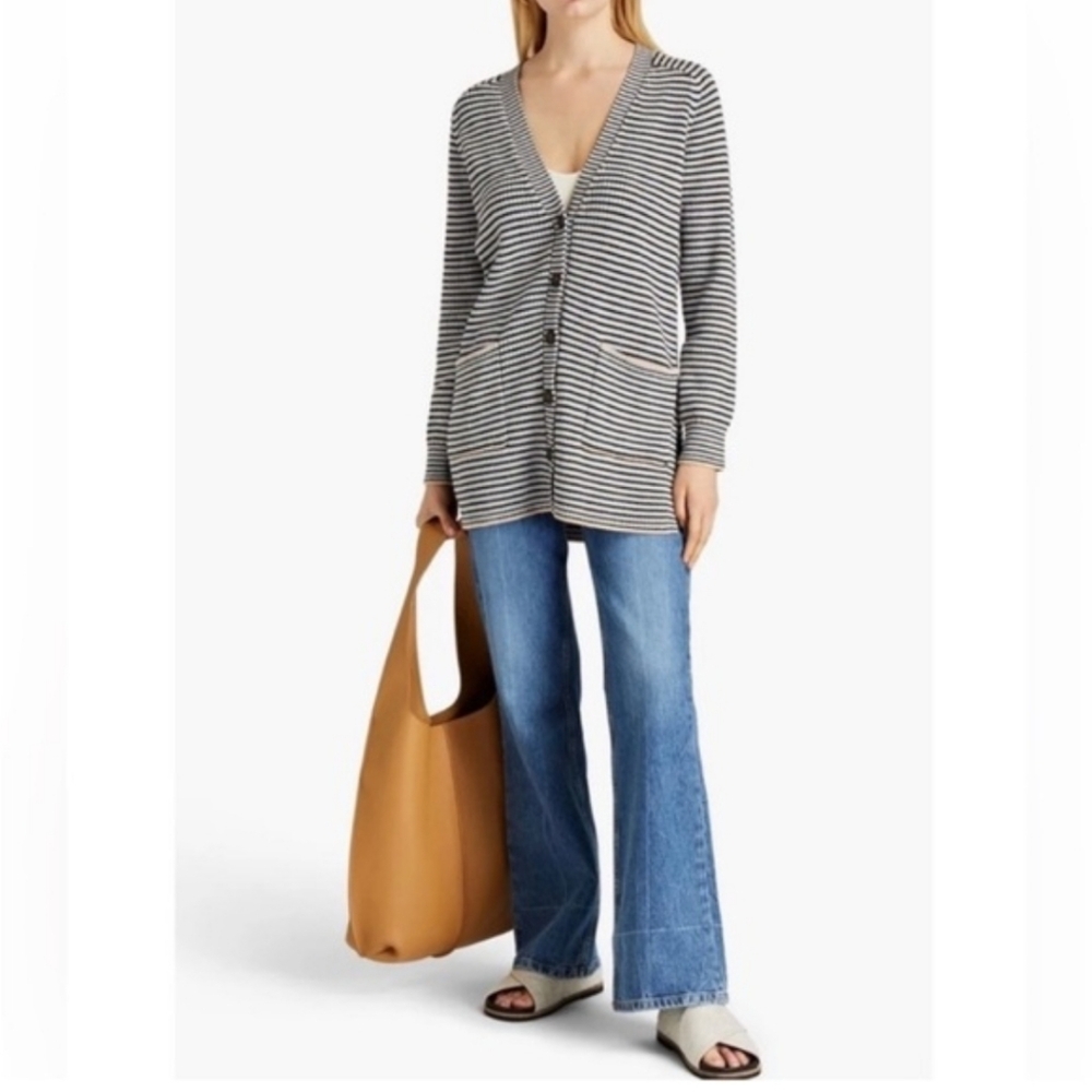 A.L.C. Caspian Striped Cardigan Patch Pockets Oversized Italian Yarn Size Small - Picture 2 of 14